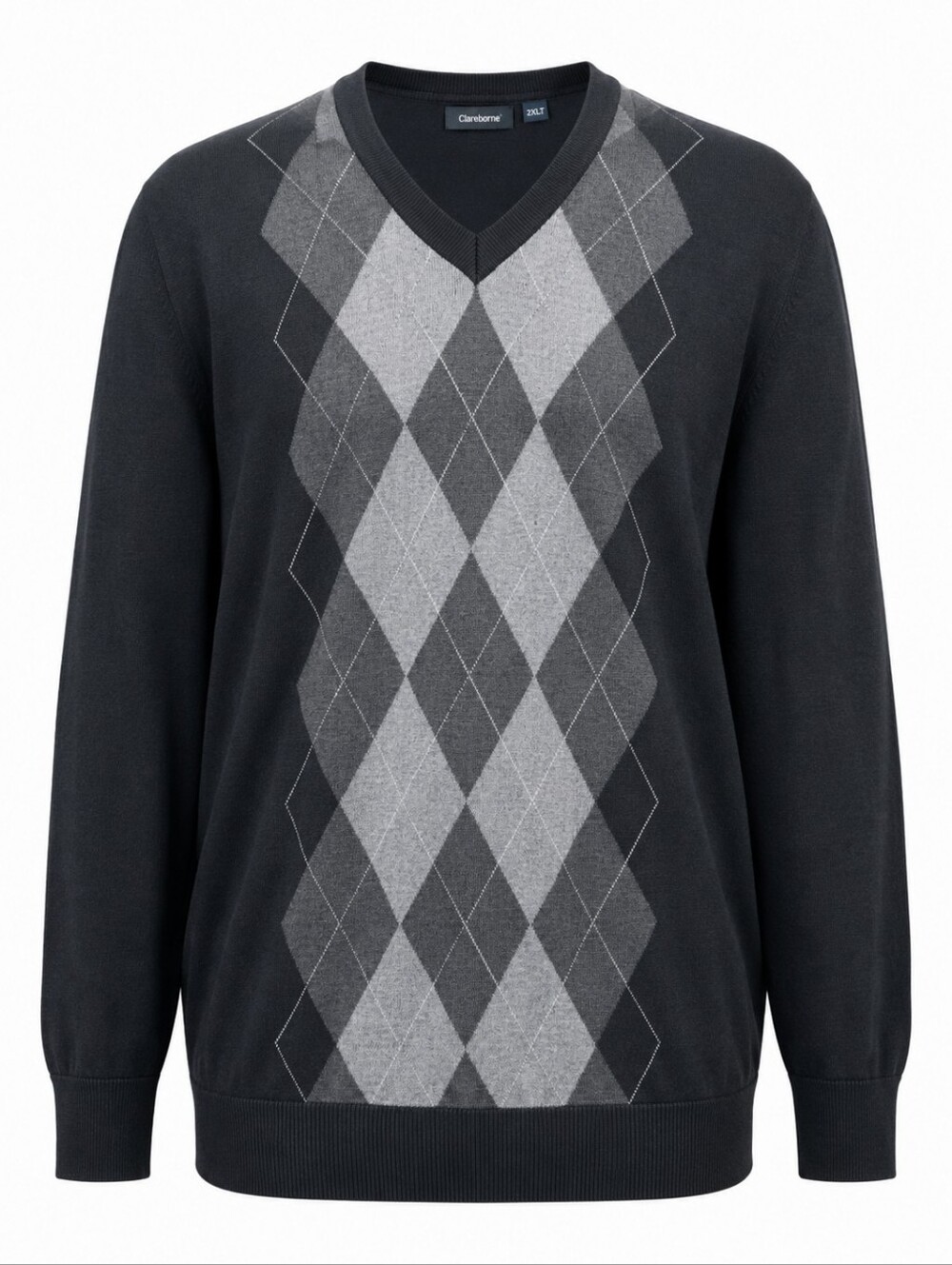 CLAIBORNE | Men's Black Gray Argyle 100% Cotton V-Neck Plus Sweater | 2XL Tall